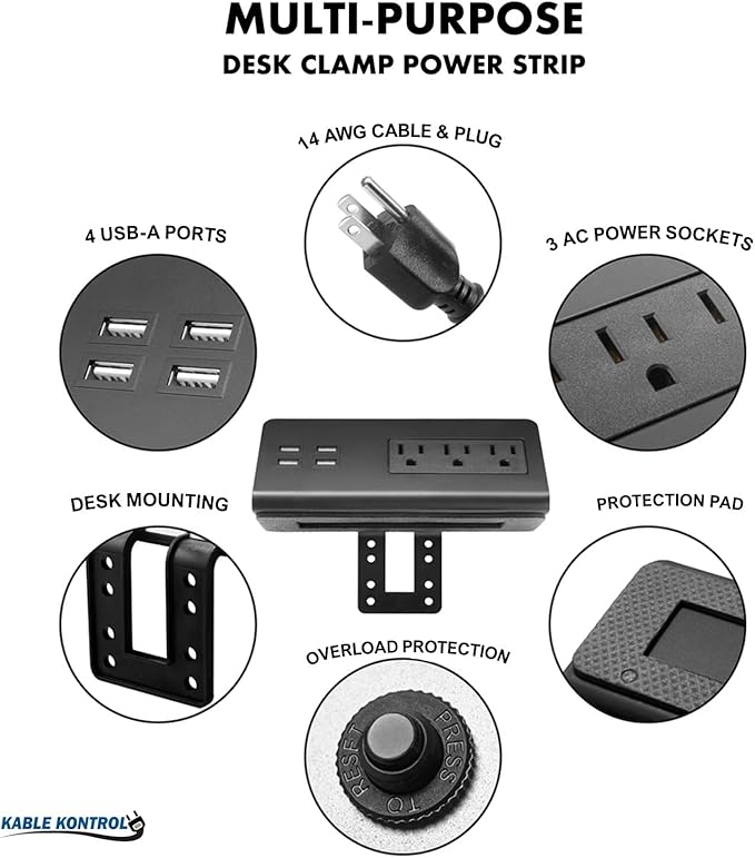 Kable Kontrol Desk Clamp Power Strip with 4 USB-A Ports, Nightstand Charging Station, 3 AC Outlets, Fast Charger, Easy Installation for Home, Offices, Hotels – 4.9 Ft, Black, 5 Pcs