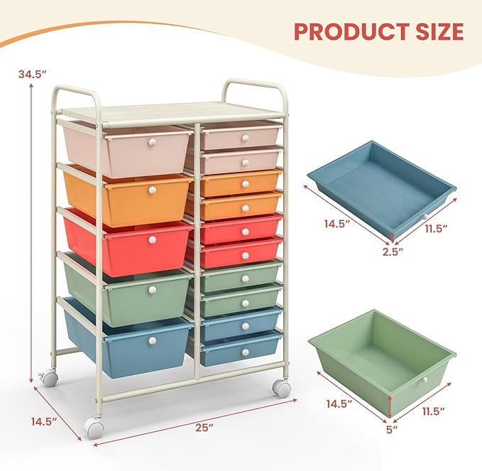 LDAILY 15 Drawer Rolling Storage Cart, Rolling Cart with Drawers for Classroom, Art Supply Craft Organizer on Wheel with Metal Frame & Handles for Home Office School
