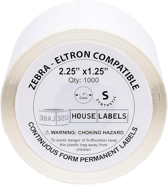 HOUSELABELS 2.25" x 1.25" Address Labels on 1" Core in Polypropylene Compatible with Zebra and Rollo Printers, 34 Rolls / 1,000 Labels per Roll