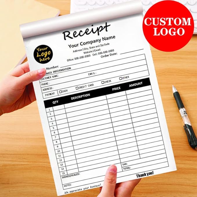 Custom Carbonless Sales Invoice Form Books for Small Business, Personalized NCR 3-Part Receipt Book with Carbon Copies, Cover Add Company Name, Address and Number Printed