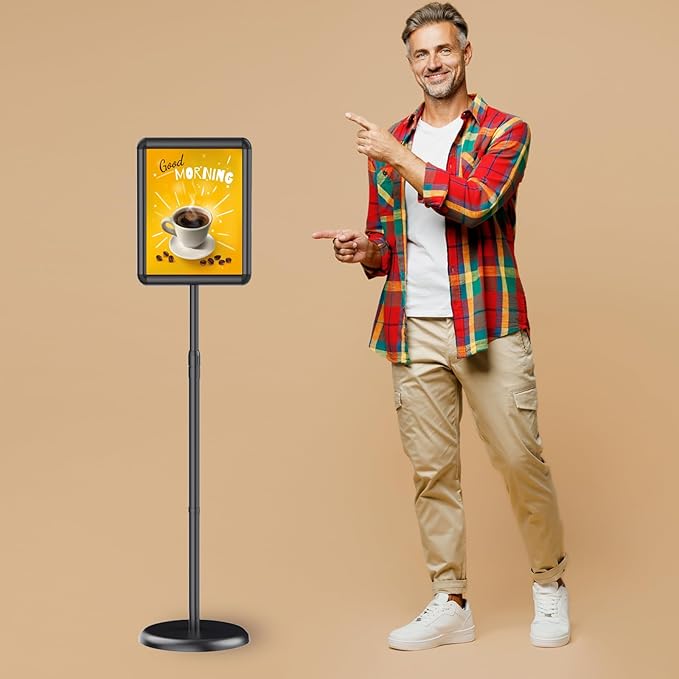Newzueby Pedestal Floor Stand Sign Holder for 11*17 inches Poster or chalk board, Snap open frame,360° Rotation,Outdoor Indoor Standing Display Sign Holders for commerical, directional use, Black