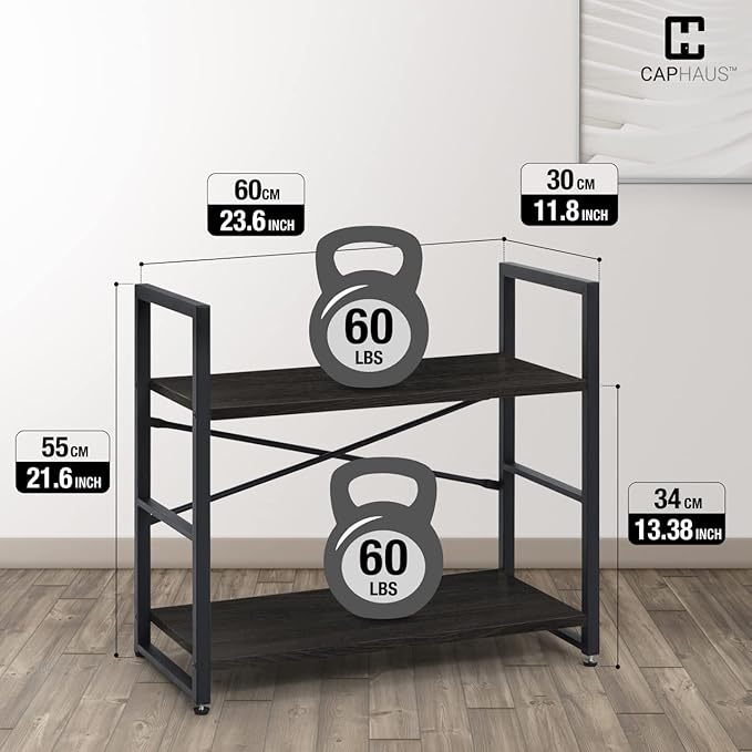 CAPHAUS 2 Tier Small Bookshelf, 24 Inch Width Free Standing Shelf, Bookcase Shelf Storage Organizer, Industrial Book Shelves for Home Office, Living Room, Black Shelves & Metal Frame