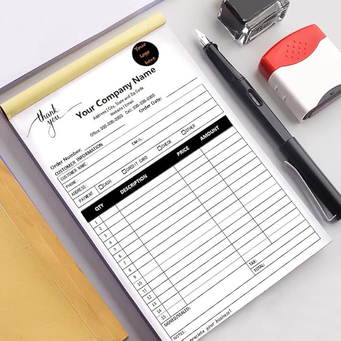 Custom Carbonless Sales Invoice Form Books for Small Business, Personalized NCR 2-Part Receipt Book with Carbon Copies, Cover Add Company Name, Address and Number Printed
