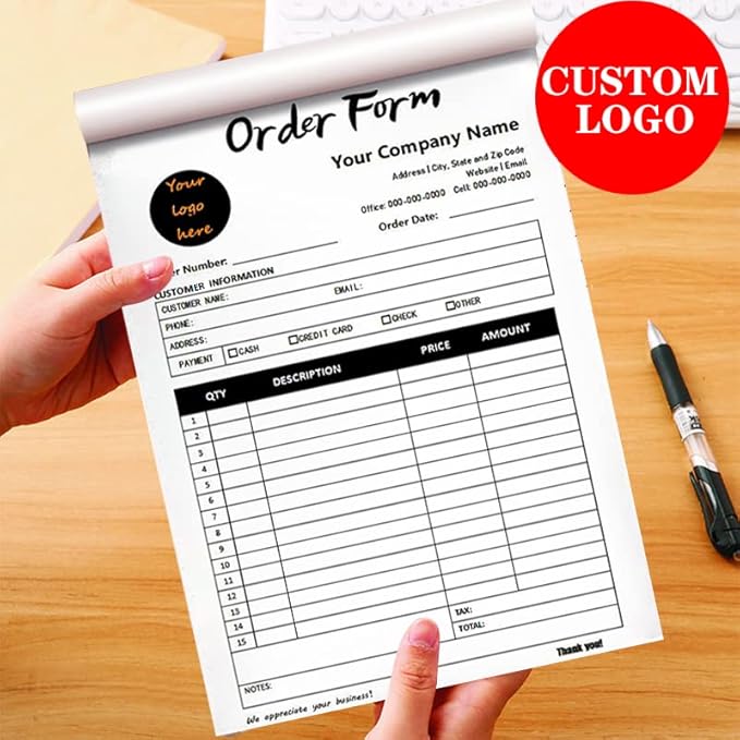 Custom Carbonless Sales Invoice Form Books for Small Business, Personalized NCR 2-Part Receipt Book with Carbon Copies, Cover Add Company Name, Address and Number Printed