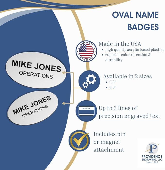 Custom Engraved Name Tag Badges – Personalized Identification with Pin or Magnetic Backing, 2.8 Inch Oval, Radiant Silver/Black