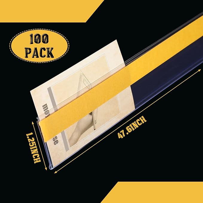 Fainne 100 Pcs Shelf Label Strips 1.25''H x 48 L Self Adhesive Shelf Label Holder Gondola Price Tag Stick on Plastic Clear Ticket Channel for Metal Wood Plastic Rack