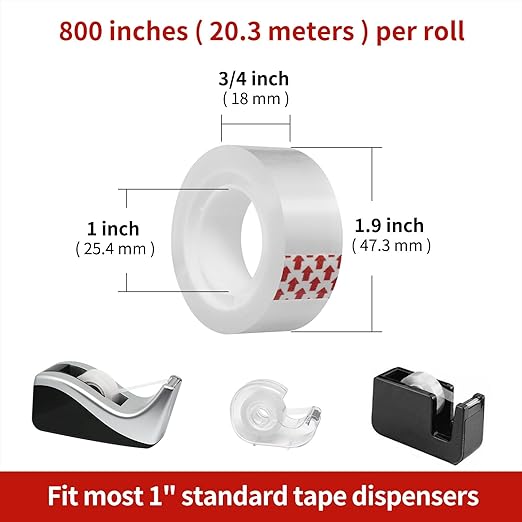 Turxayox 48 Rolls Transparent Tape Refills, Clear Tape, 3/4 x 800 Inches, Glossy Gift Wrapping Tapes for Dispenser, Office, School, Home