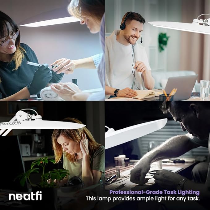 Neatfi XL 2,200 Lumens LED Task Lamp, 20W, 182 Pcs SMD LED, Dimmable, 4 Level Brightness, 3 Light Modes, Desk Light for Home, Office, Workbench (CCT, White)