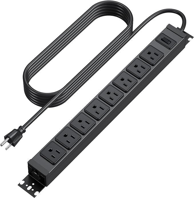 HHSOET Metal 360° Rotating Mountable Power Strip, 8 Outlet Gaming Table Mounted Long Power Strip, Heavy Duty Wall Mount Surge Protector with Switch, 15A 125V 1875W, 6ft Power Cord.(Black)