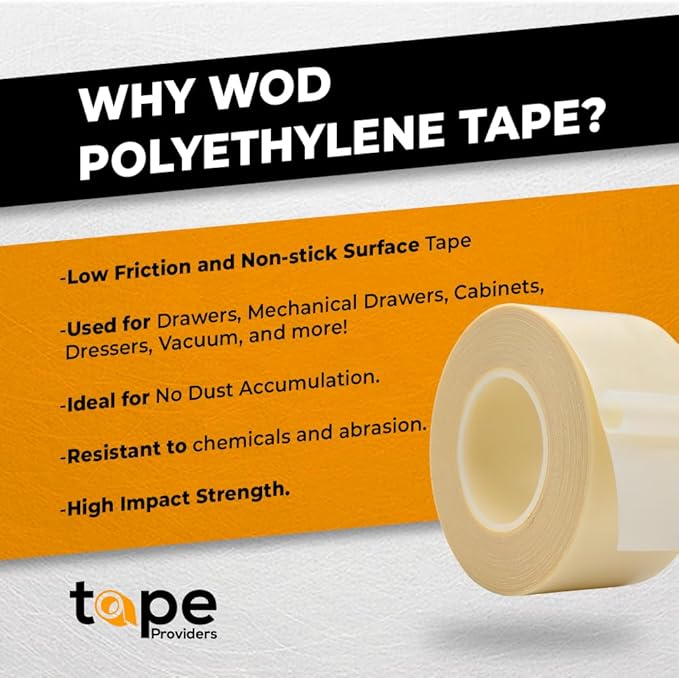WOD SPT7A UHMW Polyethylene Transparent Film Slick Tape, 1/2 inch. x 36 yd. Aggressive Adhesive - Ideal For Squeak Reduction, Drawers, and Bearings