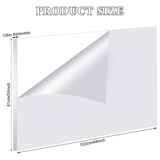 Roowest 1 Pcs 24 x 48 Inch, 1/8 Inch Thick Clear Acrylic Plexiglass Sheets Transparent Plastic Panels Sheets Cut to Size Cast Acrylic Board Panel with Protective Film for Craft DIY Project Sign Frame