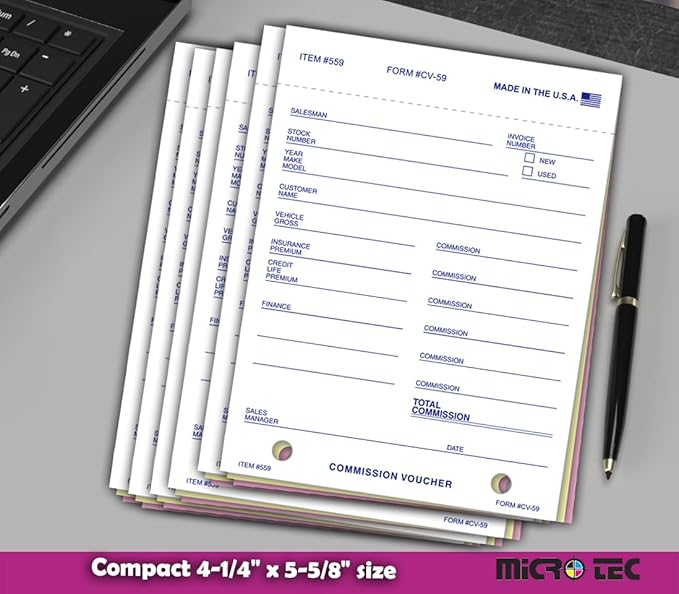 Commission Voucher Book CV-59-3 Part Carbonless Forms, Triplicate NCR Receipt Book, Snap-Out Pre-Punched with File Holes Commission Vouchers, Blue Ink, 4.25 x 5.625 Inch - Pack of 200