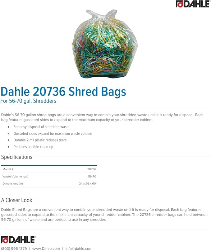 Dahle 20736 Shred Bags w/Gusseted Sides for Maximum Capacity, for Dahle 56-70 gal. Shredders (Pack of 100)