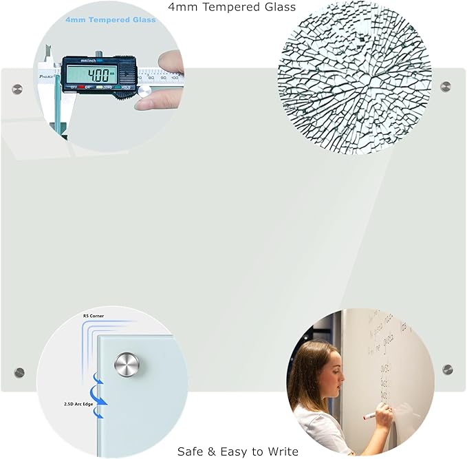 Magnetic Glass Dry Erase Whiteboard, 36 x 24 Inches Frameless Glass White Board Wall Mounted for Office Classroom and Home