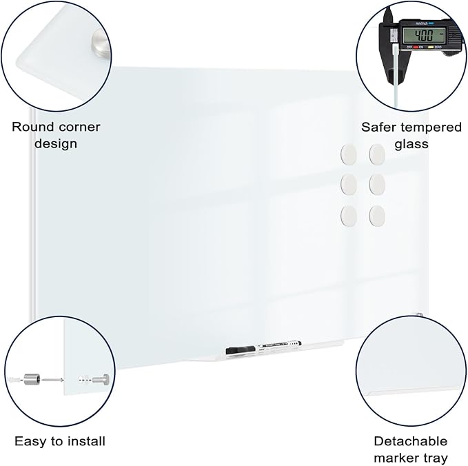 Magnetic Glass Whiteboard, 4' x 3' Glass Dry Erase Board for Wall, 48" x 36" Large Frameless White Board with 1 Marker Tray and 3 Magnets for Office, Home, Classroom - Normal White
