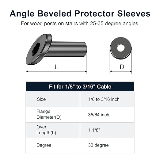 BLIKA 40 Pack 25 30 35 Degree Black Cable Railing Angle Beveled Protector Sleeves for 1/8" 5/32" 3/16", T316 Stainless Steel, Angle Protector Sleeves Stair Cable Railing Hardware Kit for Wood Posts
