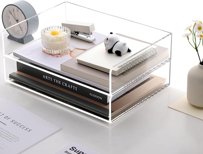 SANRUI Acrylic Paper Tray Organizer for Desk,Desk Organizers and Accessories,2 Pack Stackable Paper Organizer for Letter,Documents,Books,Magazines Crystal-Clear File Organizer