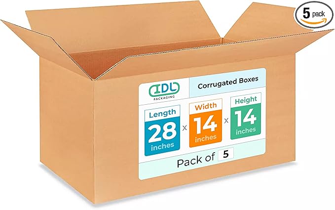 Extra Large Shipping & Moving Boxes 28 x 14 x 14 inches (5-Pack) - Extra Strength 200 lb vs Regular - Corrugated Strong Cardboard Boxes - Durable Packing - Moving Box Cardboard by IDL Packaging