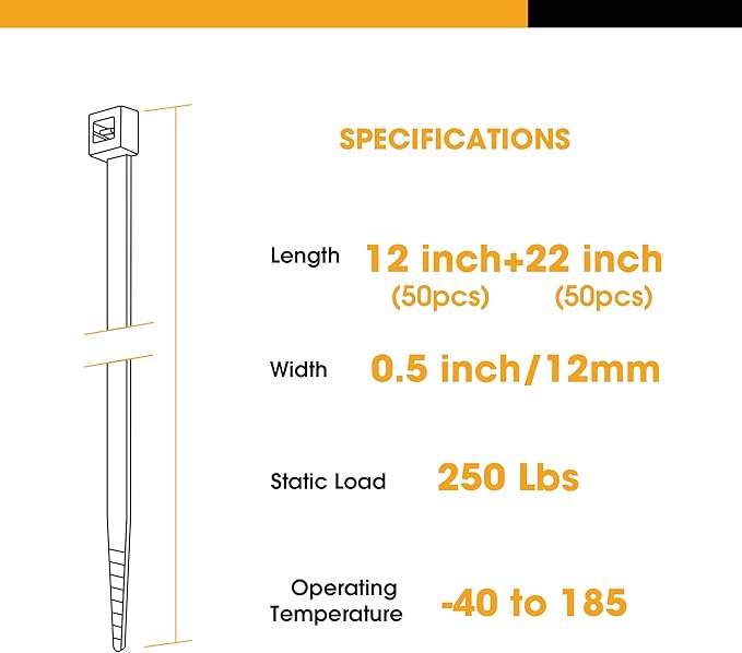 Zip Ties Heavy Duty, 22+12 Inch 100 Pack Long Cable Ties，300 LBS Tensile Strength 0.5 Inch Width，Extra Large Ties for Home Repair