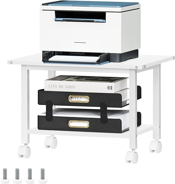 Lerliuo Under Desk Printer Stand, 2-Tier Industrial Mobile Printer Table with Storage Shelf and Steel Frame, Rolling Printer Cart Holder with Lockable Wheels for Home, Office (White)