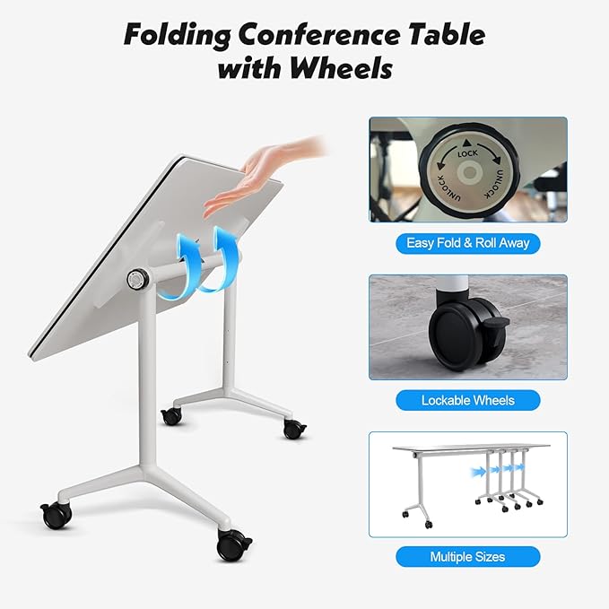 Goakwwuz Conference Room Table, Folding Conference Tables,Thicken Grey Tabletop,Flip Top Wooden Seminar Meeting Room Table for Conference Room Offices (2, White, 55.1”)