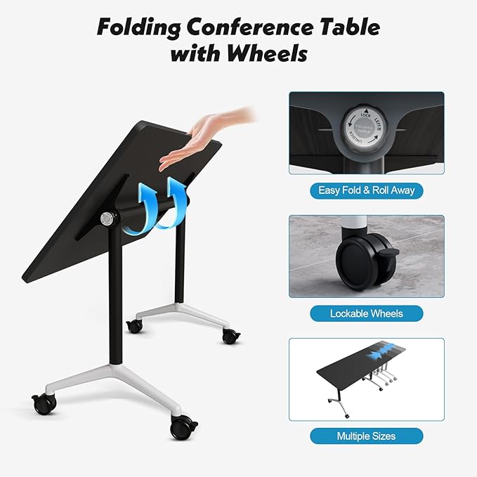 Goakwwuz Conference Room Table, Folding Conference Tables,Thicken Grey Tabletop,Flip Top Wooden Seminar Meeting Room Table for Conference Room Offices (6, Black, 61.0“)