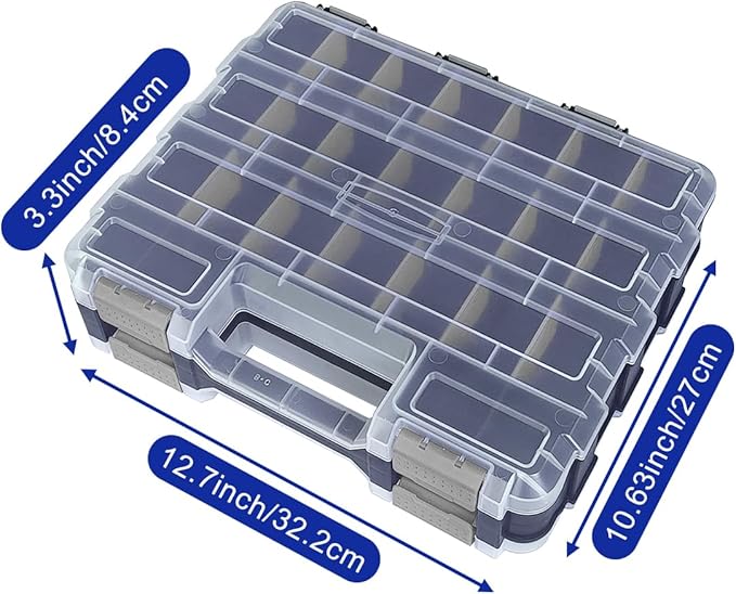 Double Side Tool Box Organizer, Hardware Storage Box, Portable Small Parts Organizer with Removable Plastic Dividers for Screws, Nuts, Nails, Bolts, Grey