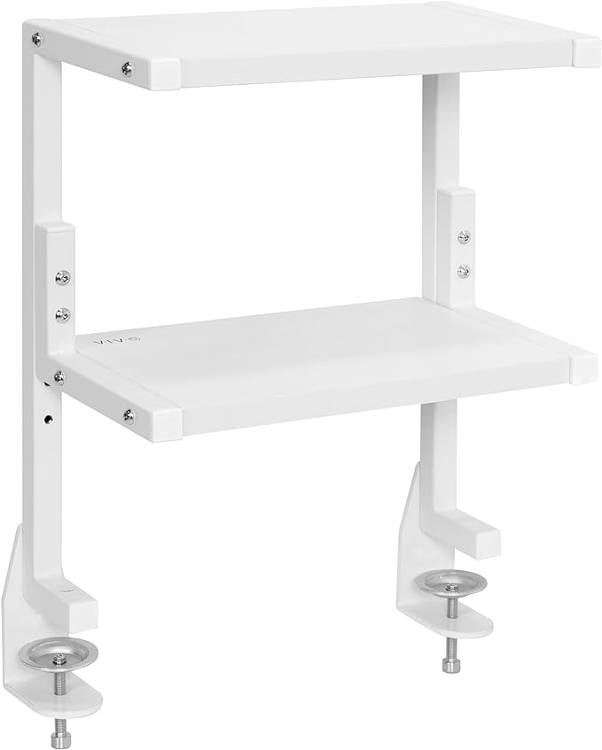 VIVO Clamp-on 13 inch Above or Below Desk 2-Tier Shelving Unit for Table Accessories, Gaming Devices, and More, Storage Tray, Desktop Organizer, White, STAND-SHELF2CW