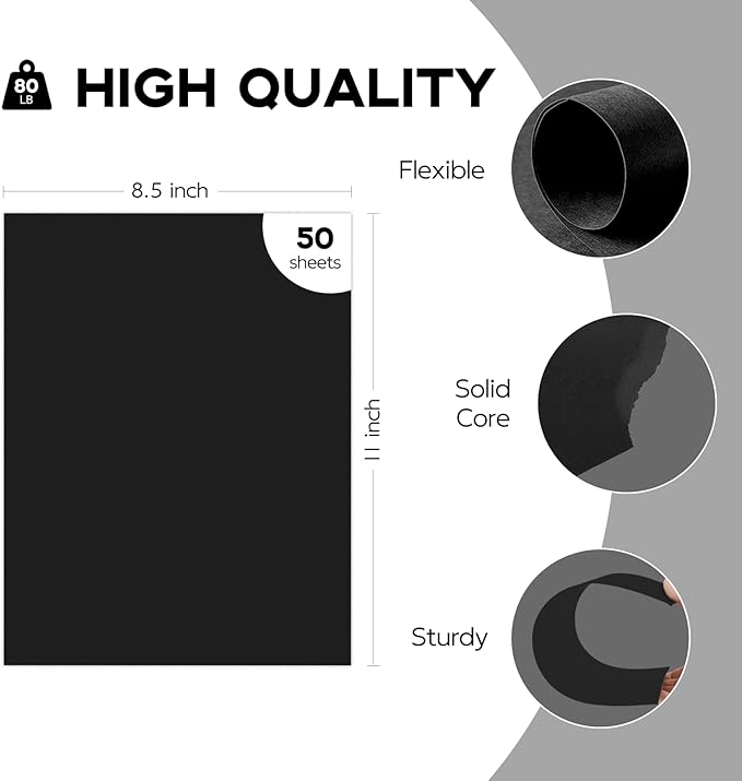 50 Sheets Black Cardstock 8.5 x 11 Thick Paper, Goefun 80lb Card Stock Paper for Halloween, Invitations, Scrapbooking, Crafts, DIY Cards