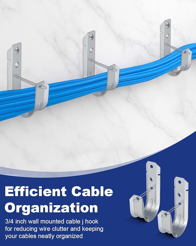 AOKLIT 100 Pcs 2" Galvanized Steel J-Hooks, Heavy Duty Wall Mount Cable Support J Hook with Retainer Clip for Cable Management