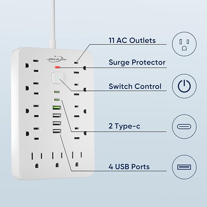 JouleLoom 2 Pack 6 FT Flat Plug Surge Protector Power Strip,11 Multiple AC Outlets with 6 USB Ports (2 USB C), 6 Feet Extension Cord, 1250W/10A, One Touch Switch Button, 17 in 1 Compact powerstrip