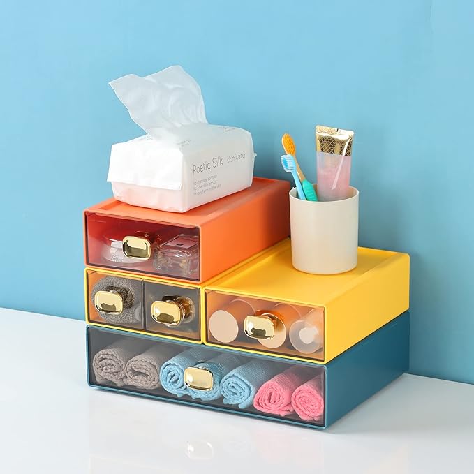 Spacious Desk Drawers, Stackable Desktop Organizer, Plastic Storage Box for Office, School & Home Supplies (4 Small Drawers, BU & CYAN)