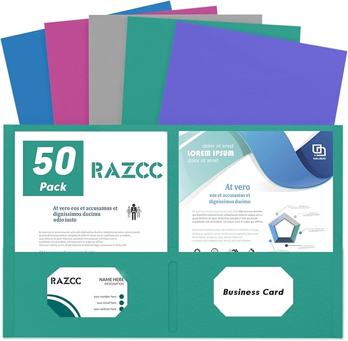 Two Pocket Folders, RAZCC 50 Pack 2 Pocket Folders Fit Letter Size Paper, Paper Folders with Pockets for School Office Business Home (Assorted 5 Colors)