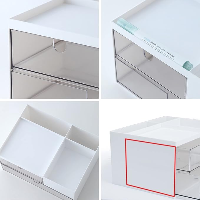 Desk Drawer Organizer, Desk Storage Box with 2 Drawers and 4 Compartments, Multifunctional Desk Accessories & Countertop Organizers for Office School Home (White）