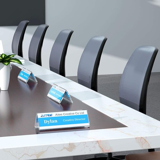 Acrylic 12 Pack Name Plates for Desks, AITEE 3x8.5 Clear Tent Name Plate Display for Office Conference, Reusable Name Tent Holder for Business Training Event