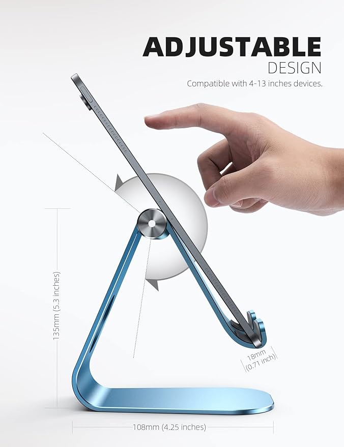 Lamicall Tablet Stand, Adjustable Tablet Holder - Desktop Stand Dock Holder Compatible with 4-13" Tablets Such as iPad Pro 11, 9.7, 10.5, 12.9 Air Mini, Kindle, Tab, iPhone Air 17 Pro Max, Blue