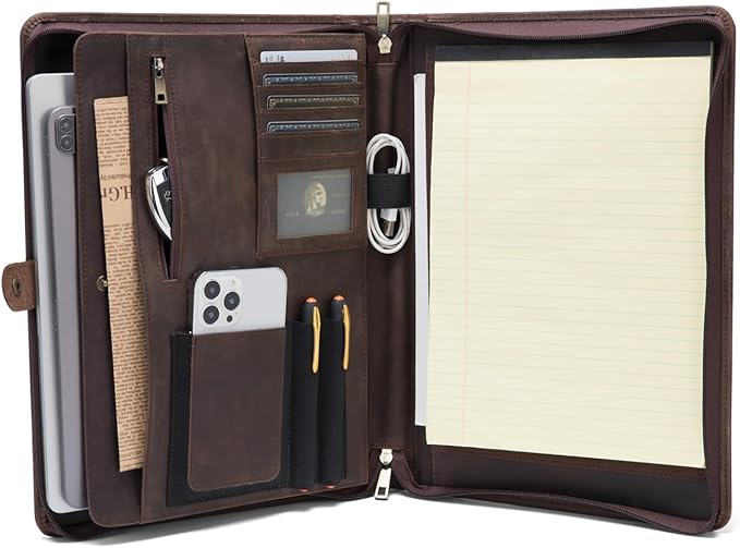 Geslun Personalized Genuine Leather Portfolio, Legal Size 8.5 x 14 Pad Holder, Custom Engraved Business Padfolio for Men Women, Zippered 14" Laptop Organizer, Professional Notepad Folio, Dark Khaki