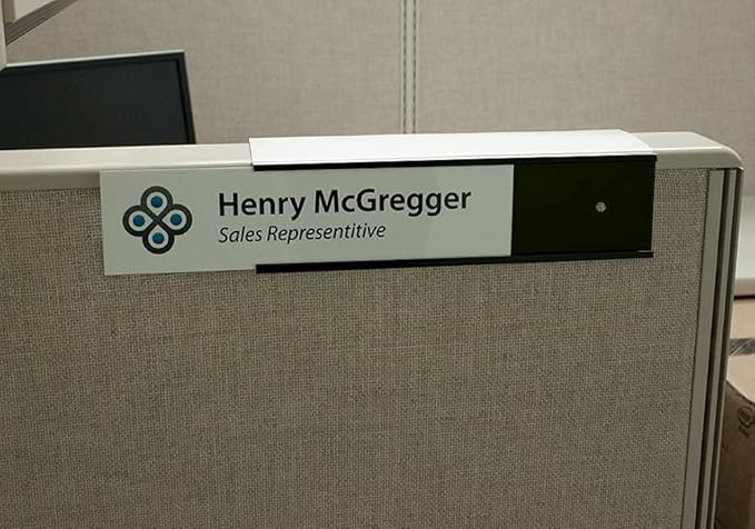 The Original Over the Cube – Quality Aluminum, Changeable Cubicle Nameplate Holder, Black Base, and Black Name Plate Holder, 8" x 2" (2.25" Cubicle Wall Depth) - Made in The USA