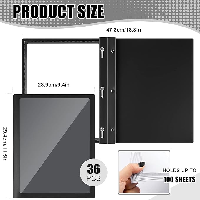 Teling 36 Pcs Report Covers with 3 Prong Fasteners Clear Front Presentation Folders Frame View Poly Report Folder Presentation Binder for Paper Document School Office(Black)