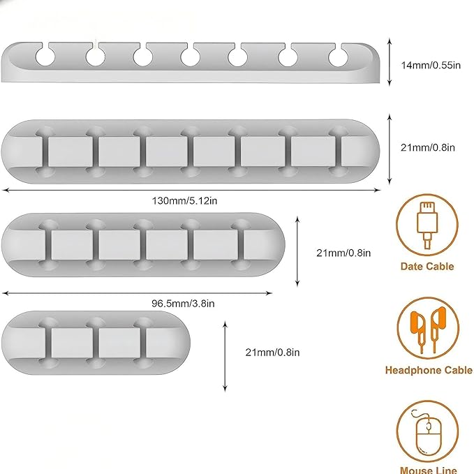 Cable Holder Clips 3-Pack, Silicone Cable Management Organizer with 3/5/7 Slots, Self Adhesive Cord Clips for Desk, Nightstand, USB Charging Cables, Mouse & Power Cords, Office & Home – White