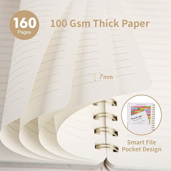 Spiral Notebook-5.75" x 8.125" College Ruled Journal with Inner Pockets and 160 Pages,PU Leather Cover Business Journal, Twin-Wire Binding Notebook Perfect for Office & Home School Supplies Khaki