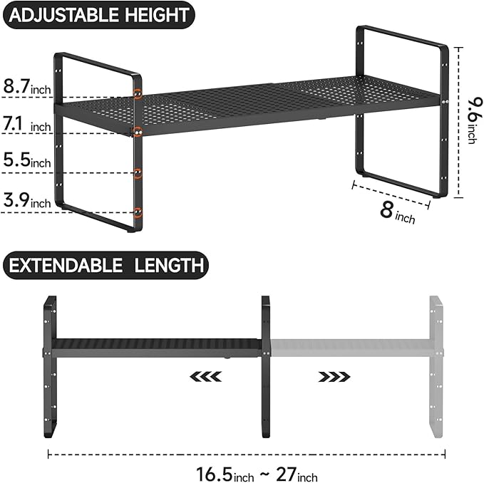 jkxoo Expandable Cabinet Shelf Organizers, Stackable Metal Shelves Extender for Kitchen Countertop Storage, Adjustable Spices Shelves Rack Stand for Cupboard Pantry, Black