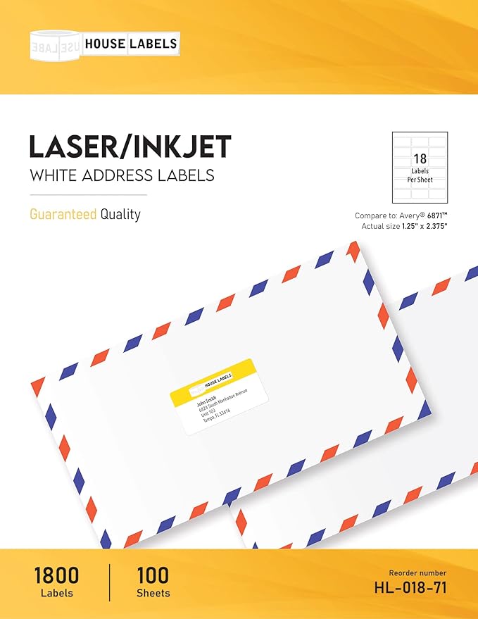 HOUSELABELS 18-up Address Labels (2-3/8" x 1-1/4") for Laser and Inkjet Printers, 1,000 Sheets