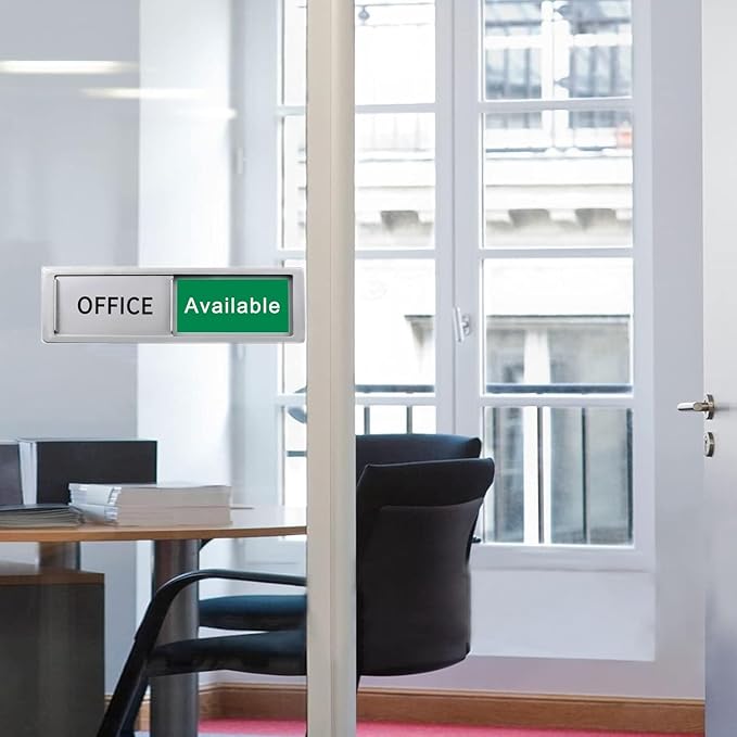 Office In Use/Available Magnetic Door Sign - 7"x2" Privacy Slider, Non-Scratch Status Indicator for Conference Rooms, Home Offices, Restrooms - Silver