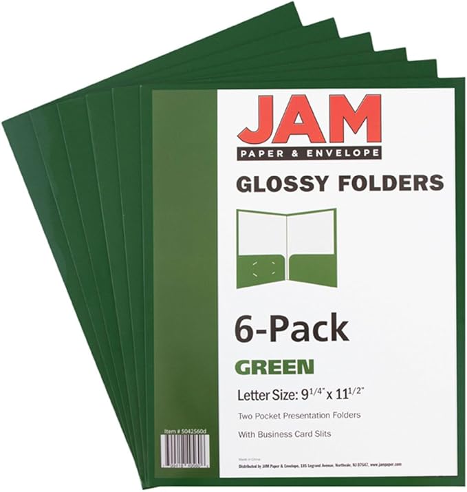 JAM PAPER Laminated Two Pocket Glossy School Folders - Letter Size - High Gloss Green - 6/Pack