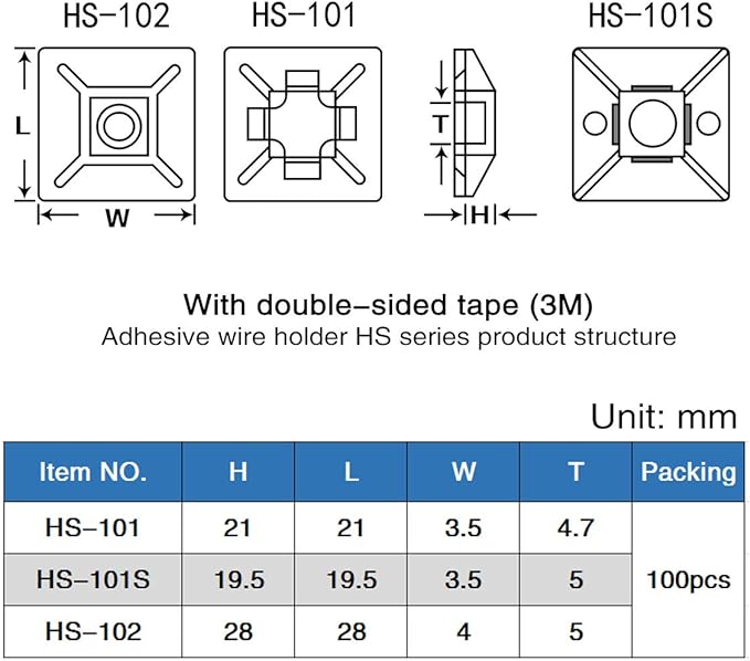 XHF 100 PCS 1.1" Black Self Adhesive Cable Zip Tie Mounts Wire Cable Clips Holders Management Anchors Organizer Holders Squares(HS-102)