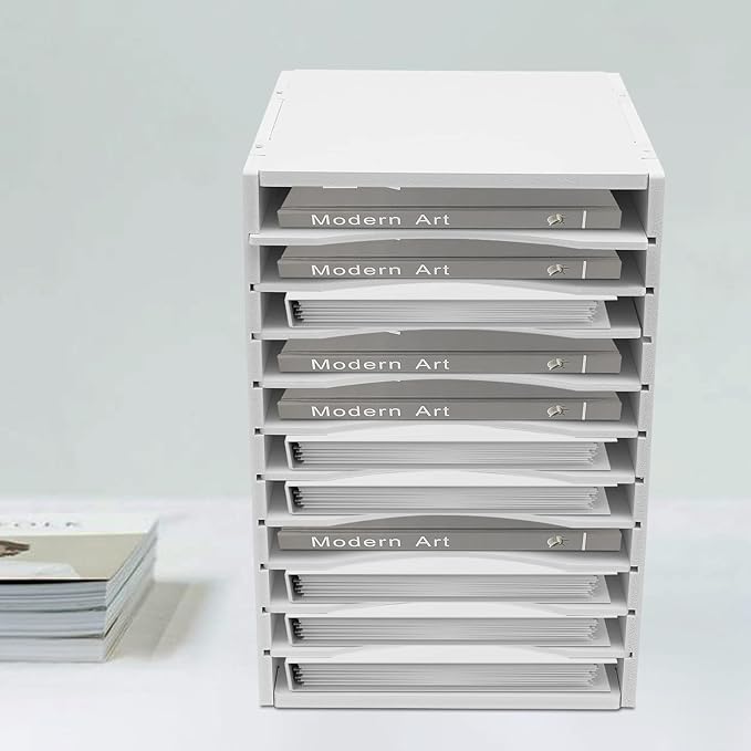 GUEYYSAN Vertical File Storage Rack, 11-Compartment Desktop Sorter Documents Box with Removable Shelves for Studios Office (White)