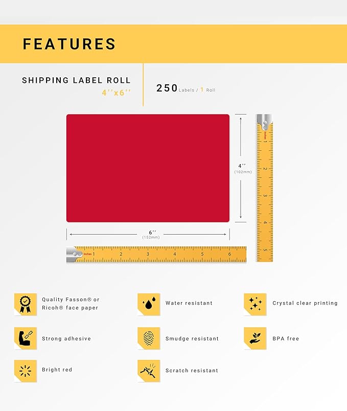 HOUSELABELS 4" x 6" Red Shipping Labels on 1" Core Compatible with Zebra and Rollo Printers, 40 Rolls / 250 Labels per Roll