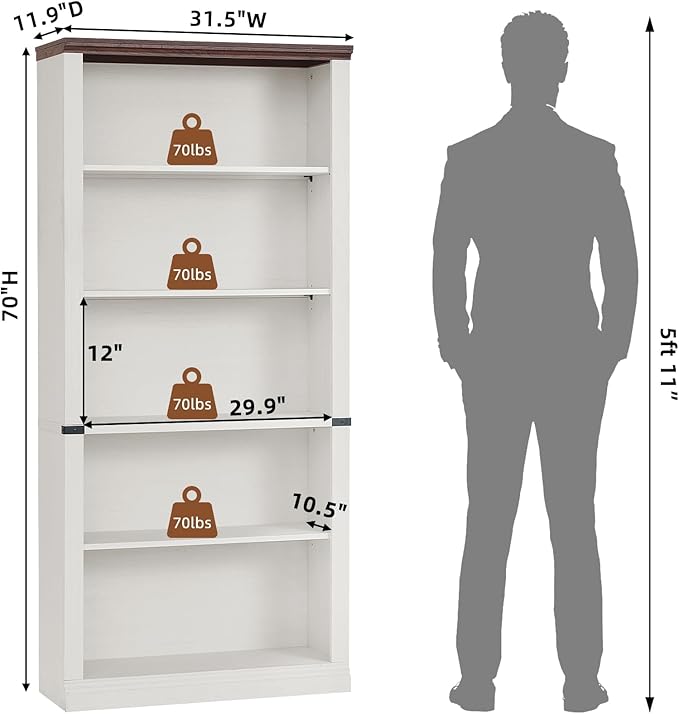 RWYHG 70" White Tall Bookshelf Set of 3,5-Tier Thick Wooden Book Shelf with Adjustable Shelves,Free Standing Farmhouse Bookcase with Open Display Storage,Floor Vintage Bookshelves for Living Room