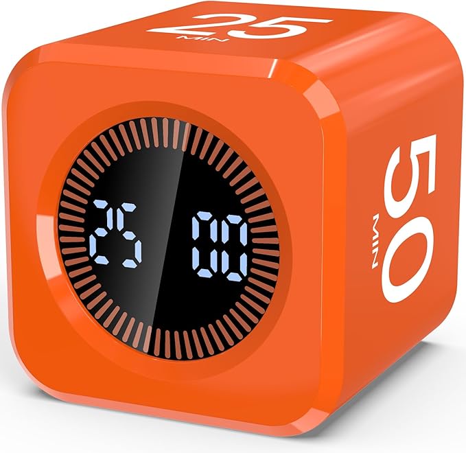 Digital Pomodoro Timer Cube 5/10/25/50min, Visual Productivity Flip Timer for Kids Classroom Desk, Custom Countdown, Silent and Sound Mode for ADHD Study Work Game Kitchen (Orange)